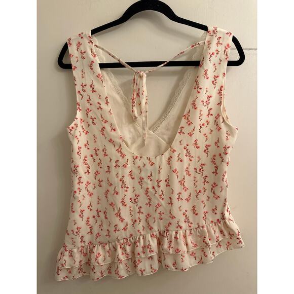 Wild Fable Floral Lace Trim Ruffle Asymmetric Hem Top Coquette Cottage Fairy M - Picture 3 of 4